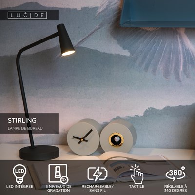 Lucide STIRLING - Lampe de bureau Rechargeable - Batterie/Piles - LED 3 StepDim - 1x3W 2700K - Noir